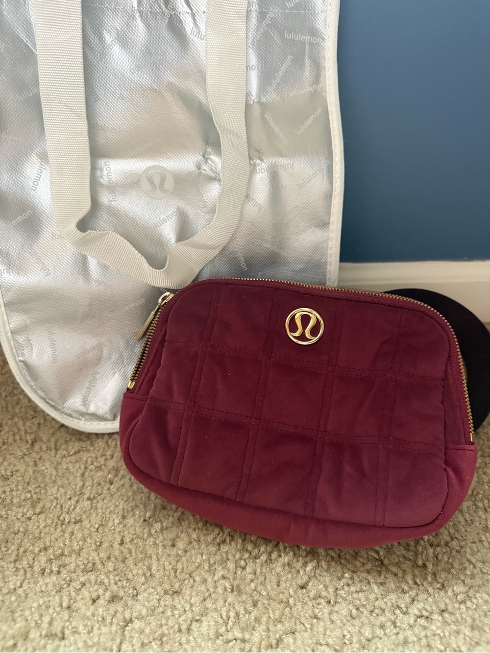 lululemon athletica Quilted Wine Cosmetic Pouch with Gold Logo